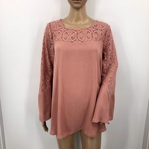 Umgee Shirt Bell Sleeves Blush Pink Blouse Crochet Detail Long Sleeve Medium
